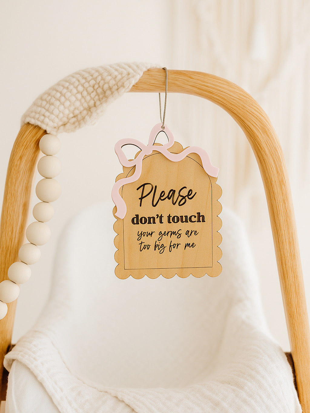 Baby Car Seat “Don’t Touch” Tag – Coquette Pink Bow Laser Engraved Sign